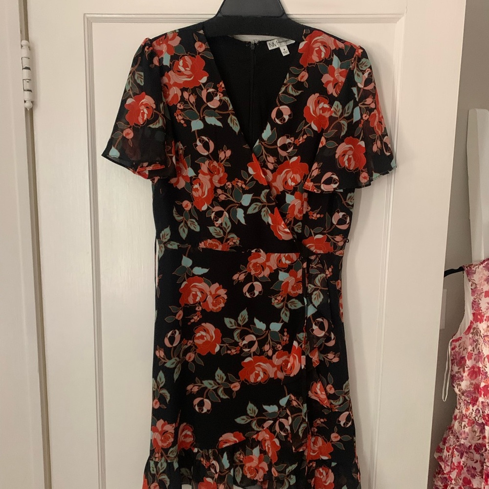 Neimann Marcus black and floral wrap dress